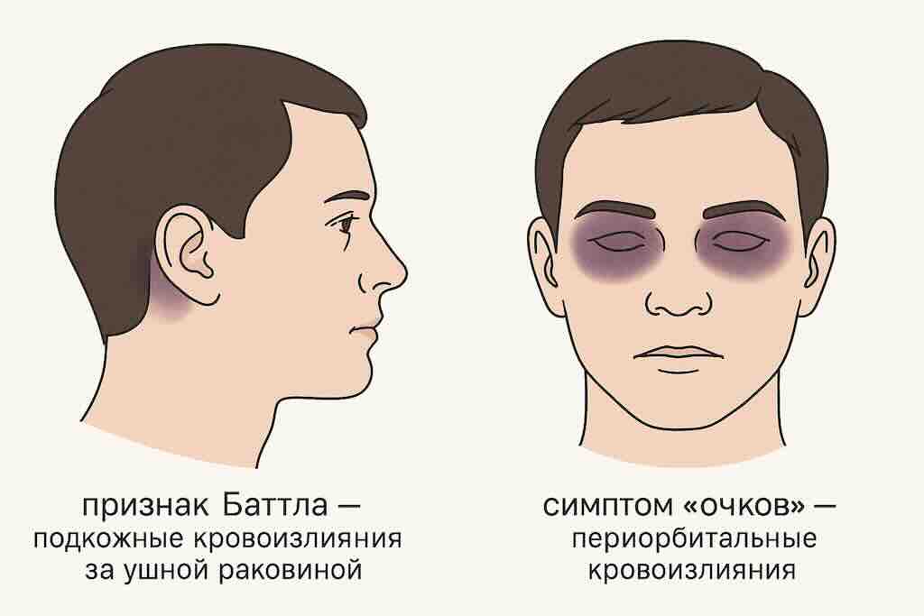 Признак Баттла — подкожные кровоизлияния за ушной раковиной (в области сосцевидного отростка), являющиеся косвенным признаком перелома основания черепа. Признак Баттла — подкожные кровоизлияния за ушной раковиной (в области сосцевидного отростка), являющиеся косвенным признаком перелома основания черепа.