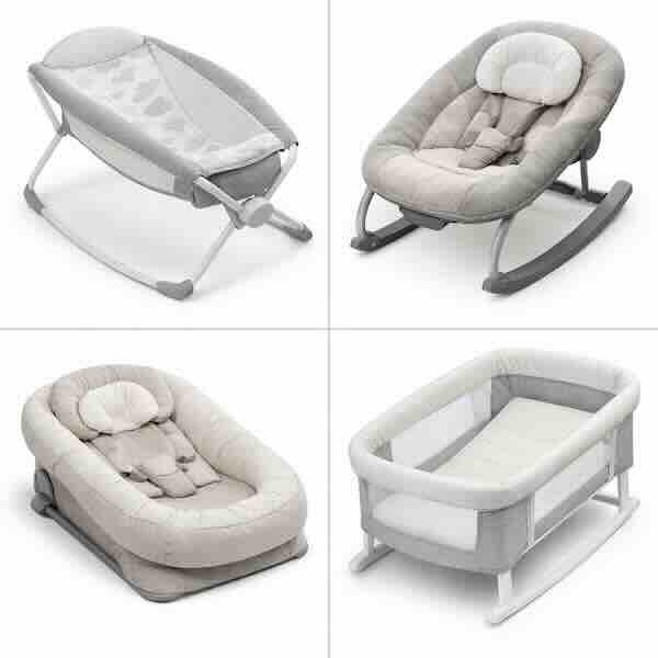 Коллаж из четырёх типичных вариантов наклонных устройств для сна младенцев. Иллюстрация к материалу о рисках внезапной неожиданной смерти младенцев и небезопасности наклонных поверхностей для сна.