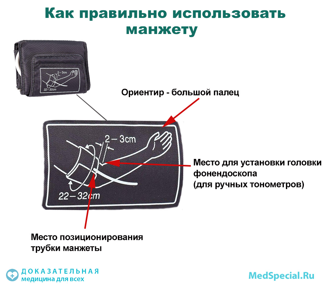 Схема на манжете тонометра с ориентирами для правильного расположения на плече