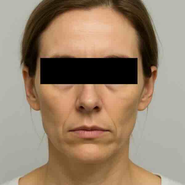 Клиническая иллюстрация «ozempic face»: выраженная потеря объёма средней трети лица, углубление носогубных складок и истончение мягких тканей у женщины 35–45 лет после значительного снижения веса; глаза закрыты чёрной полосой в соответствии с публикационными стандартами.