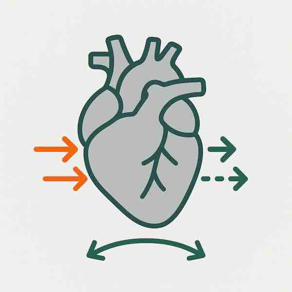 Сердце с укороченными оранжевыми стрелками наружу (слабее выталкивание) и зелёными пунктирными стрелками внутрь (хуже наполнение); нижняя дуга показывает суммирование проблем.