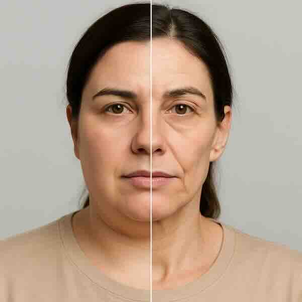 Фотореалистичная иллюстрация изменения лица у женщины 35–45 лет до и после значительного снижения массы тела на терапии агонистами рецептора GLP-1: слева более полный овал и гладкая кожа, справа — уменьшение объёма мягких тканей, углубление носогубных складок и усиление морщин.