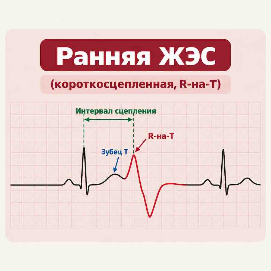 Ранняя желудочковая экстрасистола R-на-T и интервал сцепления на ЭКГ