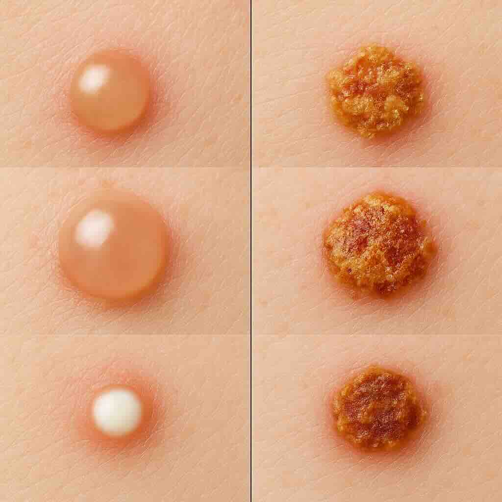 Медицинская иллюстрация: слева везикула, булла и пустула, справа те же элементы, покрытые жёлто-бурой коркой. Динамика до и после.