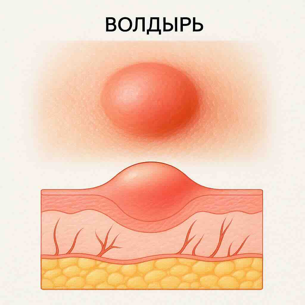 Медицинская иллюстрация: волдырь (urtica). Сверху — элемент как при крапивнице, снизу — схема кожи с отёком дермы, без полости с жидкостью.