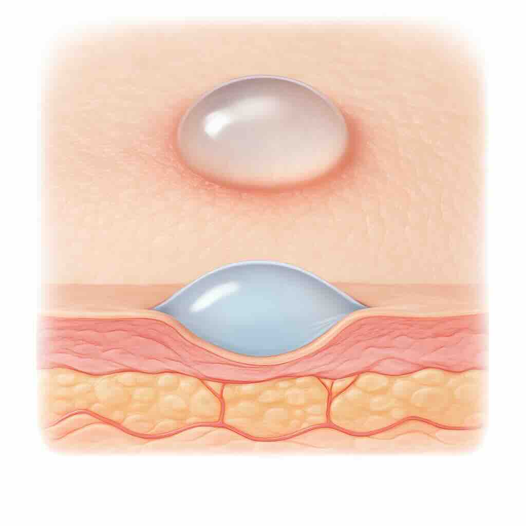 Медицинская иллюстрация: везикула. Сверху — пузырёк с жидкостью, снизу — схема кожи с небольшой полостью под эпидермисом.