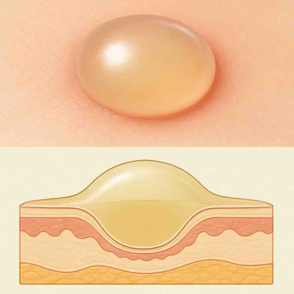 Медицинская иллюстрация: булла. Сверху — крупный пузырь, снизу — схема кожи с большой полостью под эпидермисом.