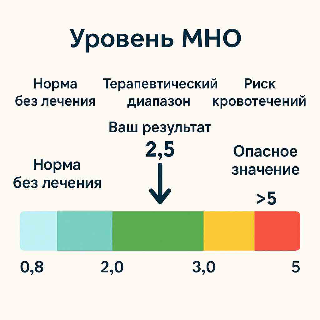 Цветная шкала МНО с пояснением нормальных, терапевтических и опасных значений. Визуализация помогает понять риски при отклонении.