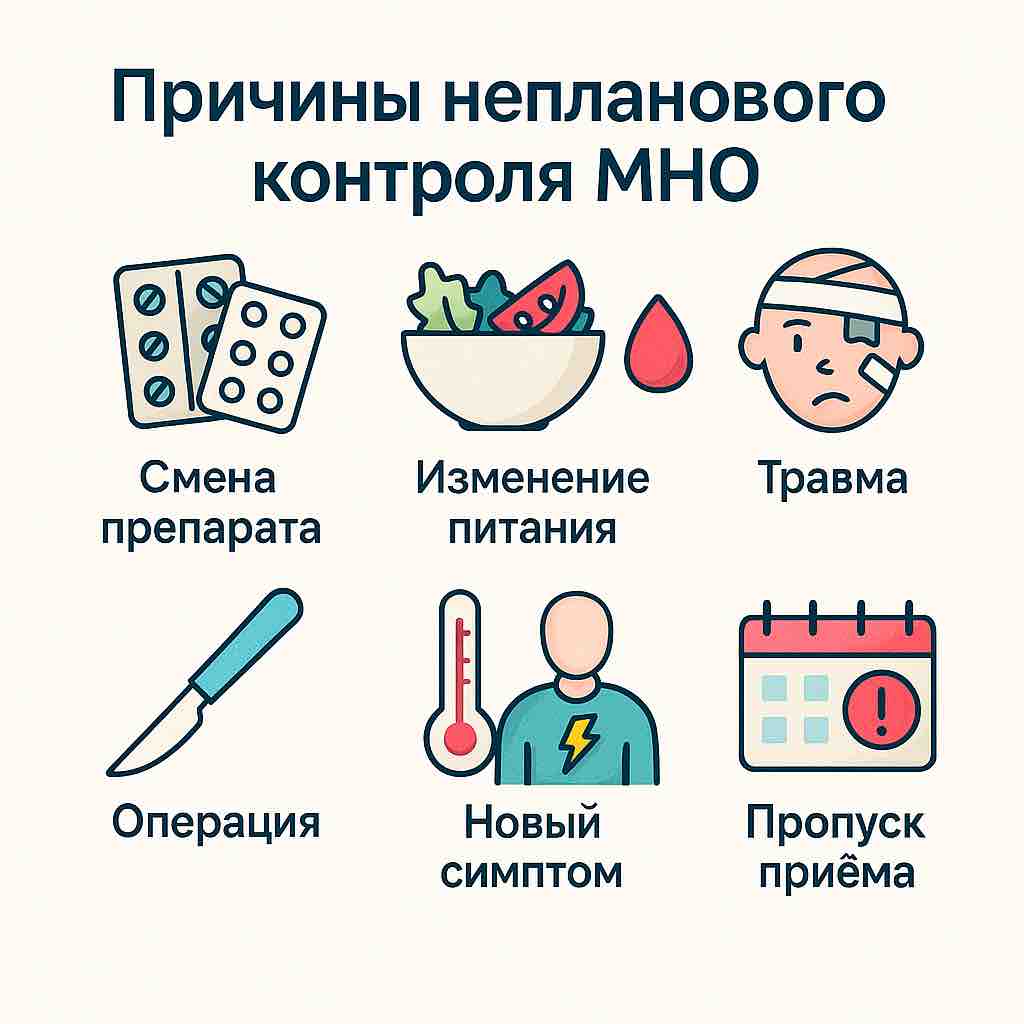 Инфографика с иконками — смена лекарства, питание, травма, симптомы и другие поводы для незапланированной сдачи анализа МНО.