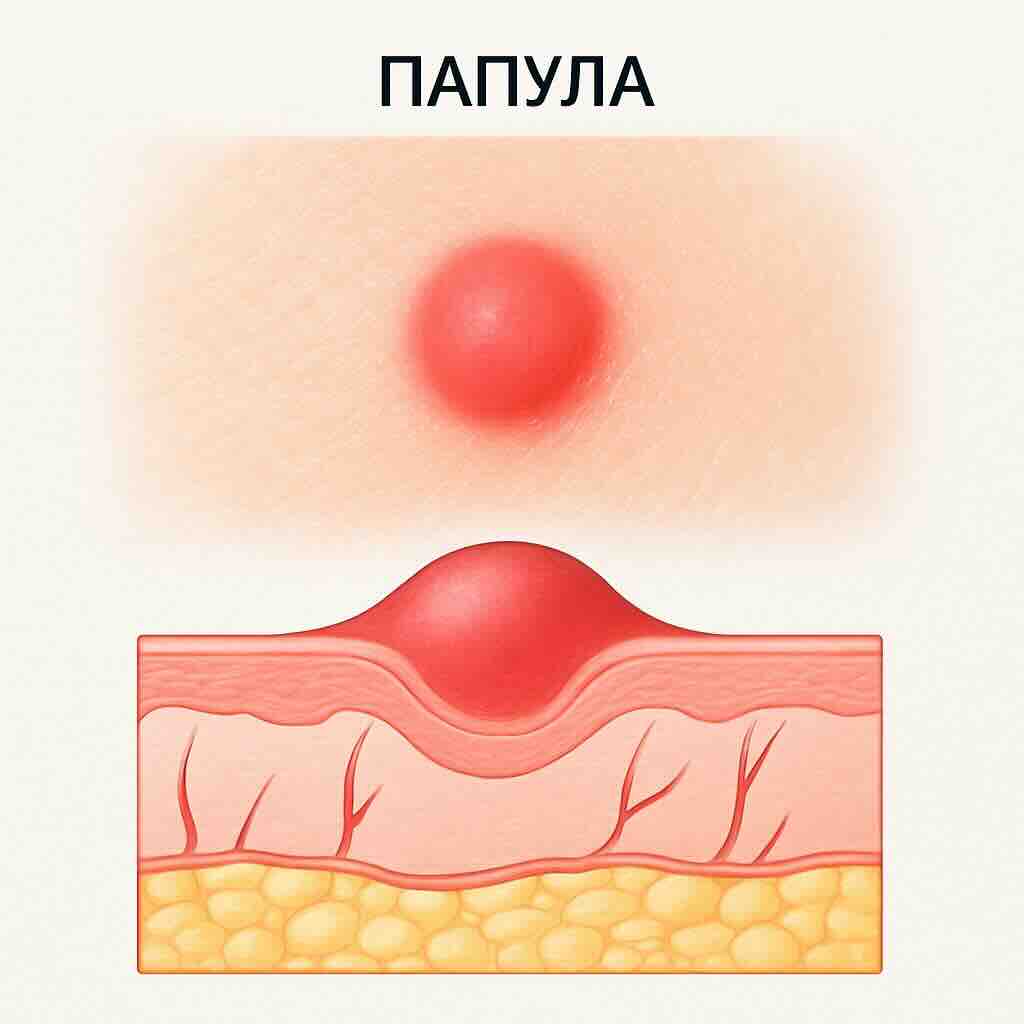 Медицинская иллюстрация: папула. Сверху — маленький красный бугорок, снизу — схема кожи с возвышением за счёт уплотнения, без жидкости.