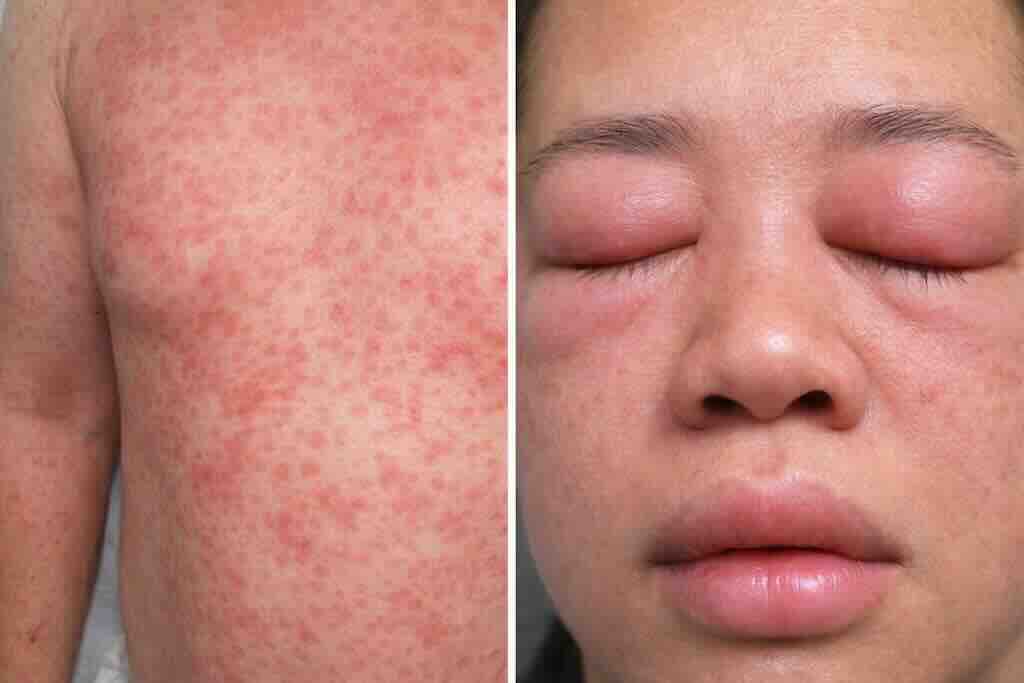 Двухпанельная иллюстрация DRESS: распространённая морбиллиформная лекарственная экзантема на коже и характерный отёк лица (периорбитальный). Синдром сочетает кожные проявления с риском висцерального поражения.