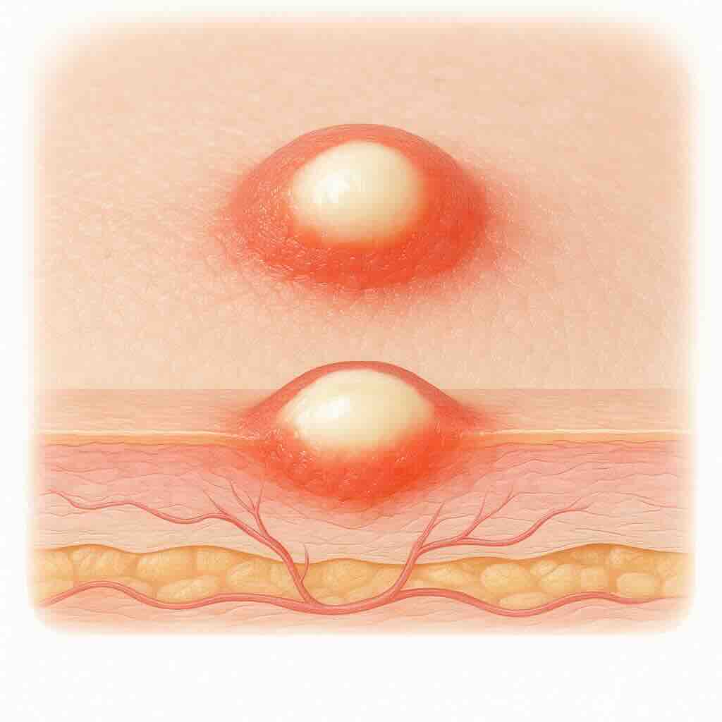 Медицинская иллюстрация: пустула. Сверху — прыщ с гнойным содержимым, снизу — схема кожи с полостью, заполненной гноем.