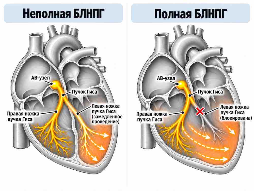 Полная и неполная блокада левой ножки пучка Гиса: условная схема проведения возбуждения