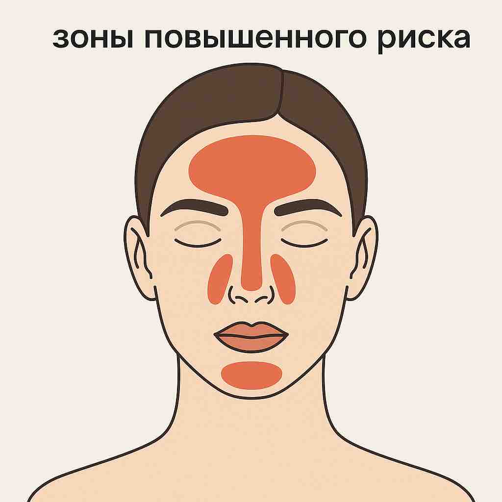 Схема лица с выделенными опасными зонами для инъекций филлеров: переносица, межбровье, лоб, нос и носогубные складки. Иллюстрация помогает понять, где риск осложнений выше.