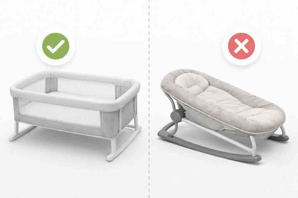 Сравнительная иллюстрация: слева безопасная люлька с ровной поверхностью для сна младенца, справа — наклонное спальное устройство, которое не считается безопасным местом для сна.