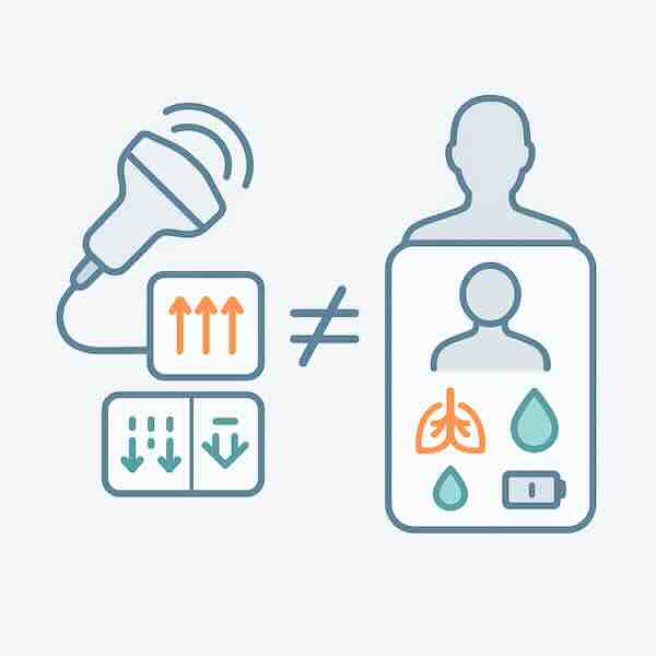 Иконка датчика ЭХОКГ и блок «дисфункция» слева, знак «≠» в центре, силуэт человека с иконками симптомов справа — технический термин не равен клиническому синдрому.