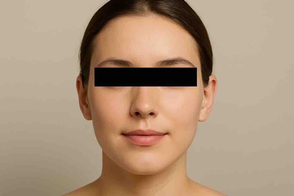 Крупный план лица подростка с ровным тоном и матово-сатиновой текстурой кожи без выраженных воспалительных элементов; глаза закрыты нейтральной плашкой. Иллюстрация к разделу о базовой трёхшаговой схеме ухода (SPF, очищение, увлажнение).